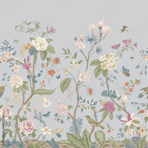 Mural. Bloom. Chinoiserie inspired. Vintage floral illustration. Pastel colors