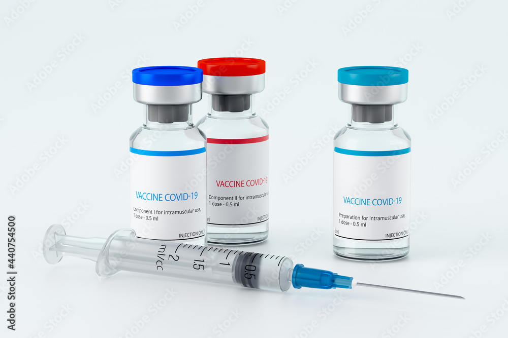 A set of vaccines - two-component and one-component vaccines, to choose from, against the coronavirus infection COVID-19 (SARS-CoV-2). Three ampoules and a filled syringe. 3D rendering. Copy space A set of vaccines - two-component and one-component vaccines, to choose from, against the coronavirus infection COVID-19 (SARS-CoV-2). Three ampoules and a filled syringe. 3D rendering. Copy space