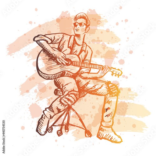 Sketch of a sitting musician playing an acoustic guitar