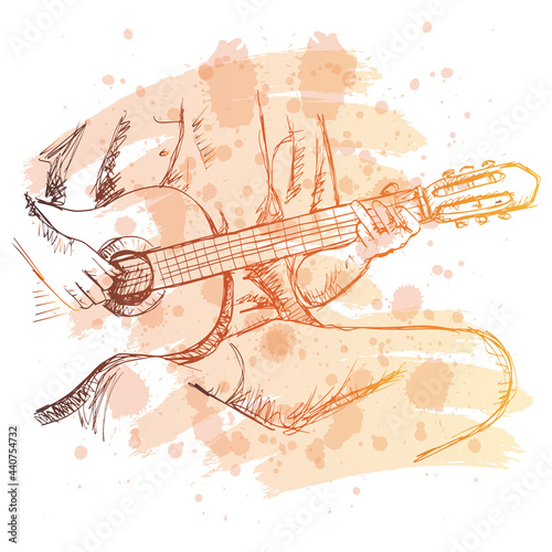 Sketch of man hands playing with guitar.