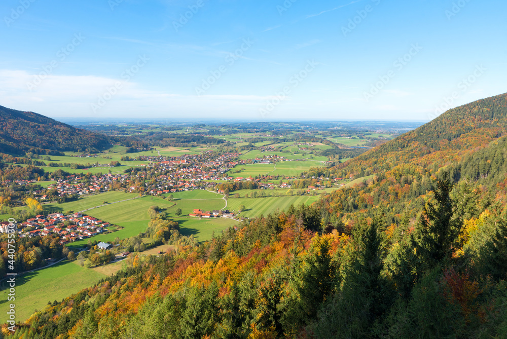 view to spa town Aschau im Chiemgau, autumn landscape alpine foothills bavaria