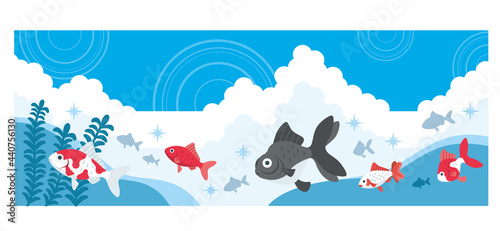 いろいろな金魚と空のイラスト素材