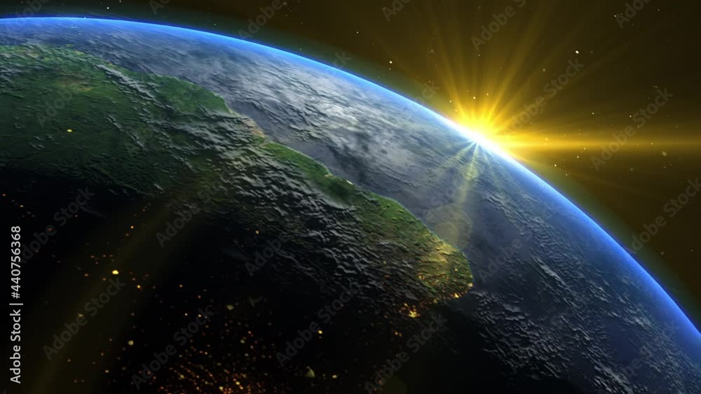 Sunrise and shadow on the earth rotate in space with star in universe. World realistic atmosphere 3D volumetric clouds texture surface.  Elements of this image are furnished by NASA