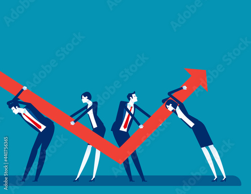 The Team holding arrow up as symbol of supporting business development. Solving problems and making right decisions