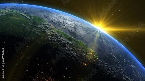 Sunrise and shadow on the earth rotate in space with star in universe. World realistic atmosphere 3D volumetric clouds texture surface.  Elements of this image are furnished by NASA