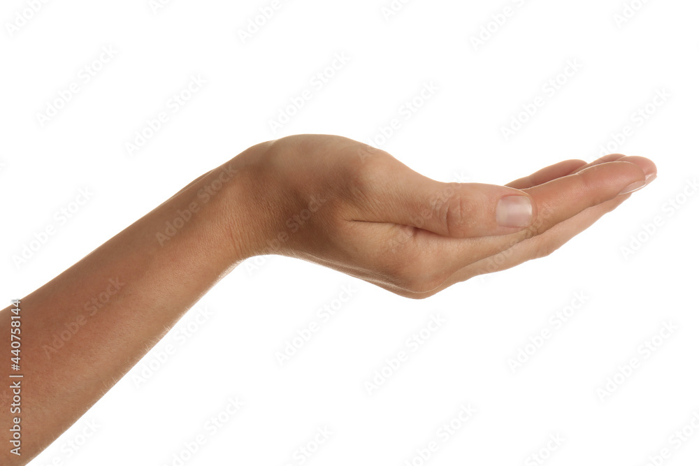 Woman holding something on white background, closeup