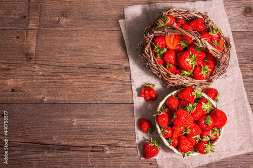 Fresh ripe strawberry in a wicker basket
