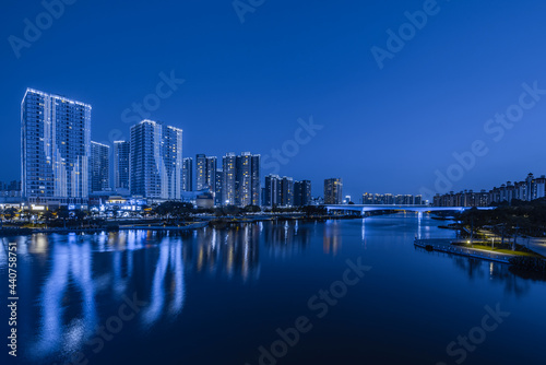 Night view of buildings on the bank of the Jiaomen River in Nansha District  Guangzhou