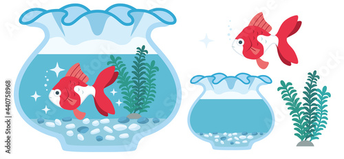 金魚（琉金）と金魚鉢のイラスト素材