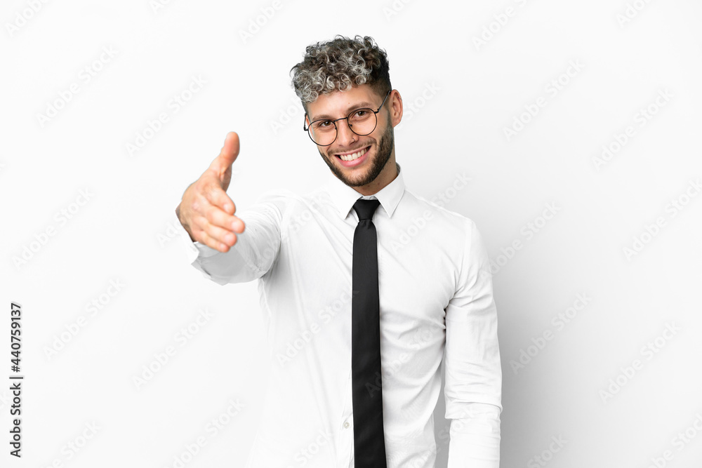 Business caucasian man isolated on white background shaking hands for closing a good deal Business caucasian man isolated on white background shaking hands for closing a good deal