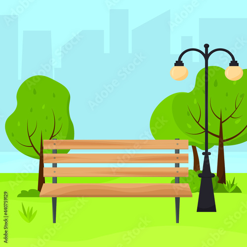 Flat vector illustration of park bench and street lamp in the city park in the summer. Cityscape in the background.
