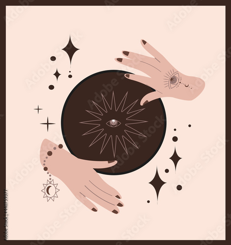 Witchcraft, magic Fortune-telling Ritual for witches and wizards.Wicca and pagan tradition.Vector vintage collection,boho style.Esoterics elements.Fortune Telling Ball,stars,astronomy occultism Vector