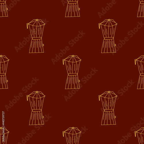 Vector illustration of seamless pattern of moka percolator coffee pot. Hand drawn doodle style. Brown background