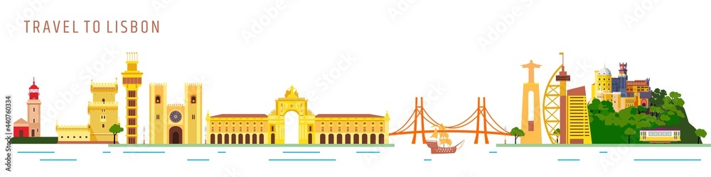Lisbon city touristic historical landmarks and monument. Travel to Lisbon colorful vector illustration.