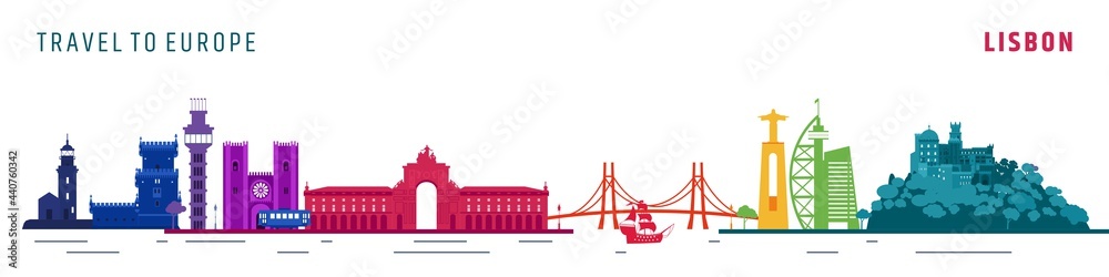 Lisbon cityscape with famous touristic landmarks. Vector flat illustration. Travel to Portugal colorful banner design elements
