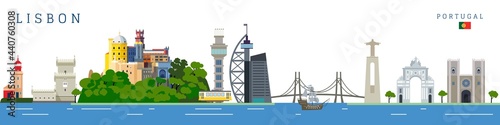 Lisbon cityscape with famous touristic landmarks.  Travel to Lisbon colorful vector illustration.