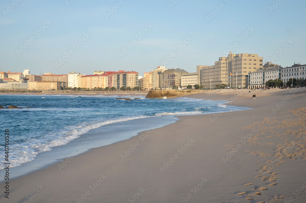 In the foreground Riazor beach and in the background Orzan beach, A Coruna, Galicia, Spain