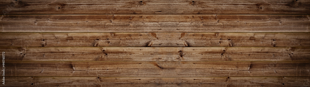 Fototapeta premium Old brown rustic weathred dark grunge wooden timber table wall floor board texture - wood background banner panorama top view