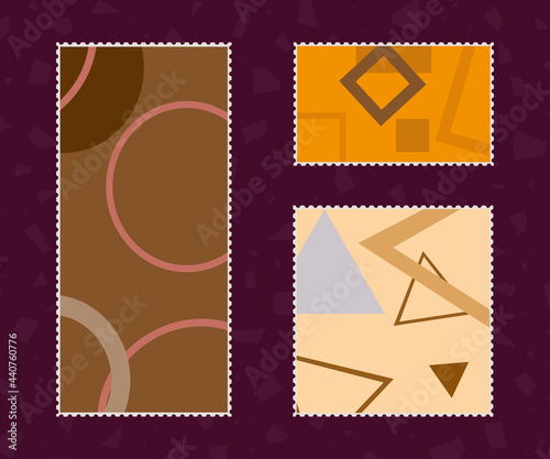 Post Stamp. Set of abstract stamps for delivering correspondence, letters or postcards. Collection from colored, isolated rectangular geometric shapes. Vector illustration