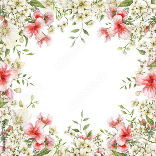 Square frame for greeting or invitation card design - realistic vintage watercolor spring and summer flowers from the garden and meadows.