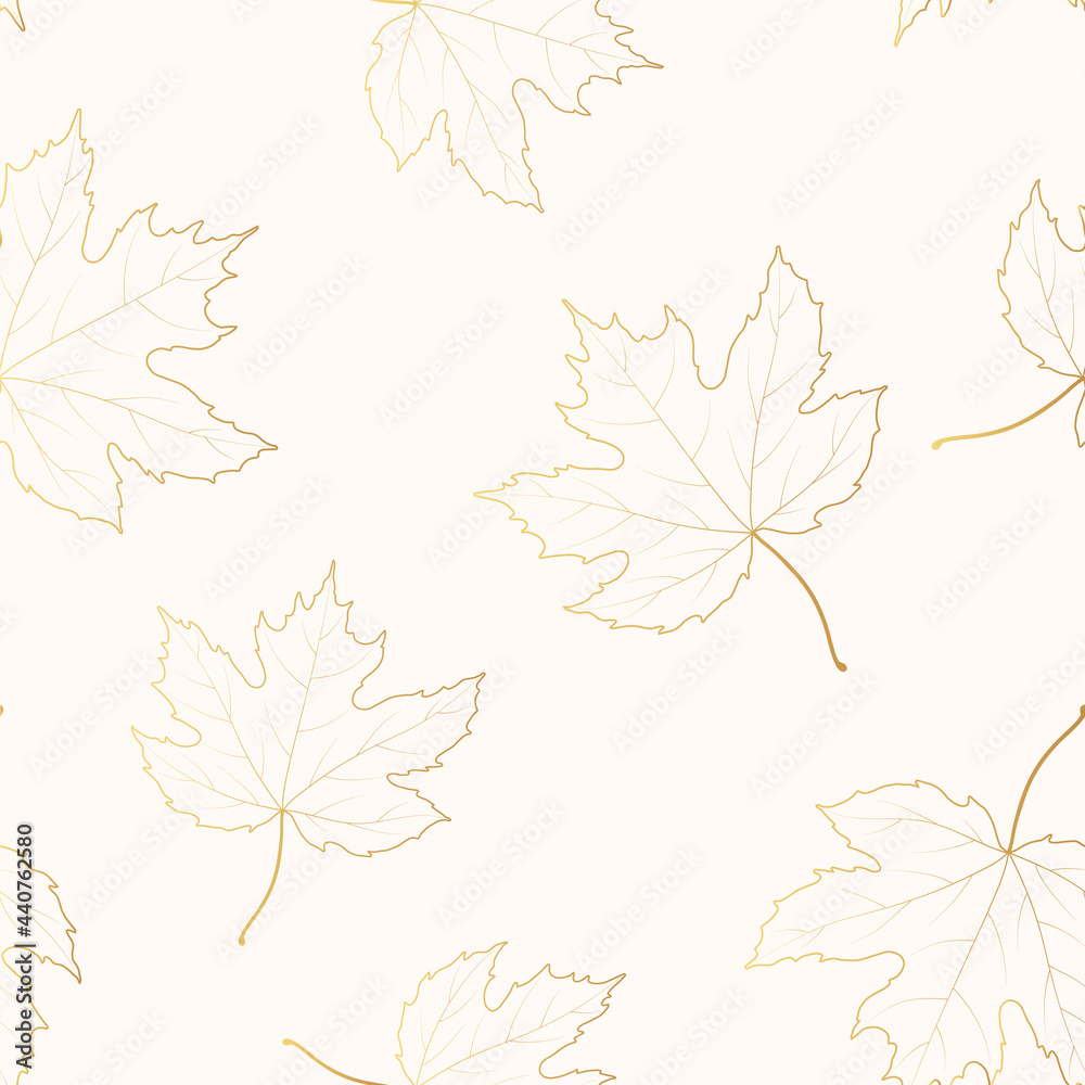 Golden seamless pattern with maple leaves. Vector isolated background with fallen leaf outlines. Gold texture for textile or wrapping paper.