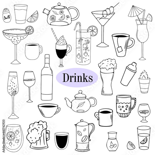 Vector illustration with drinks, alcoholic beverages, coffee, tea, cocktails, doodle set of drinks