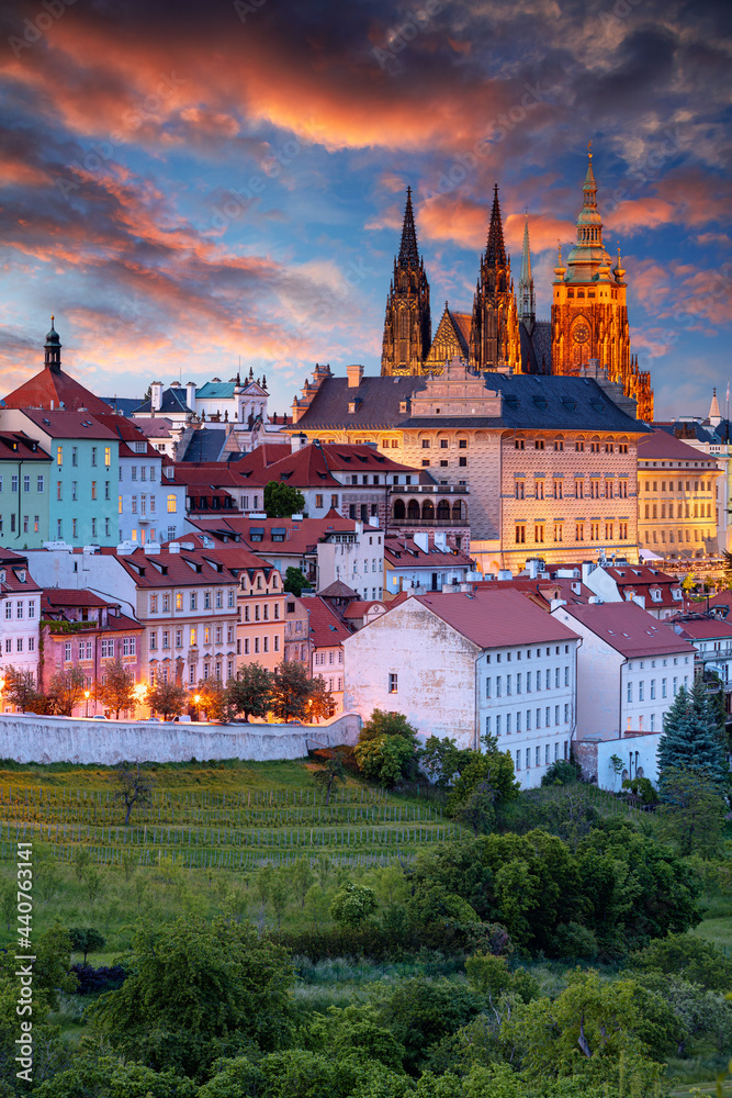 Prague Skyline. Aerial cityscape image of Prague, capital city of Czech Republic with St. Vitus Cathedral at summer sunset.