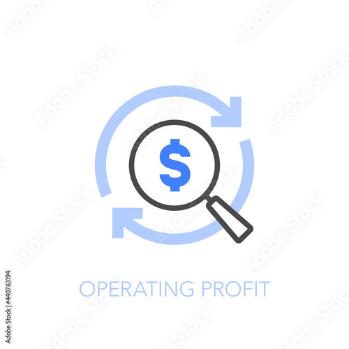 Operating profit symbol with a magnifier and process arrows. Easy to use for your website or presentation.