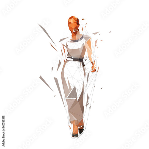Walking woman in summer dress, catwalk, isolated low polygonal vector illustration, geometric drawing from triangles. Female fashion model, front view