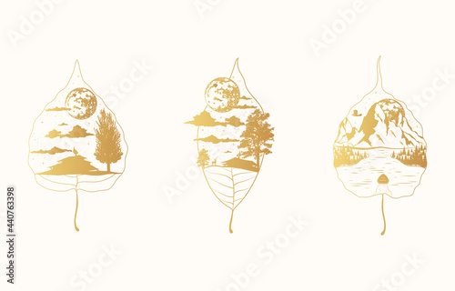 Golden mystical aspen and oak leaves set. Celestial leaf with mountain, clouds, moon and forest. Gold magic tattoo concept.