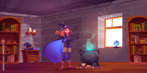 Fototapete Witch cooking potion in magic school, cute enchantress fantasy character in hat,