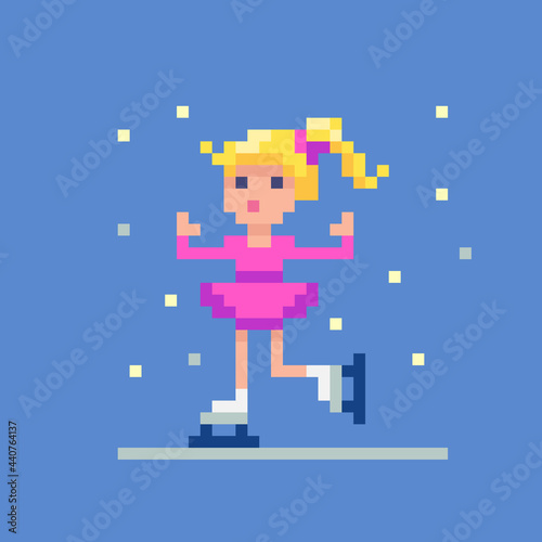 The girl is skating. Child character in pixel art style.