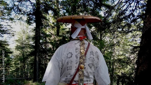 European Shugendo monk in traditional outfit hiking in the Austrian mountains, Austrian, Ötscher