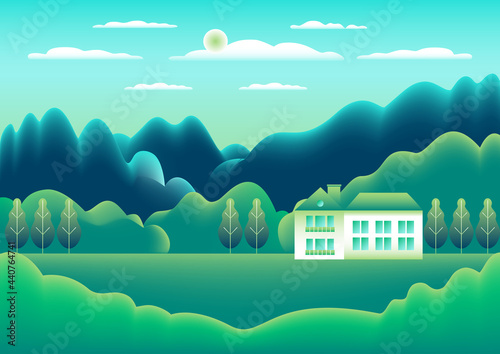 Landscape village, mountains, hills, trees, forest. Rural valley scene Farm countryside with house, building in flat style design. Green blue gradient colors. Cartoon background vector illustration