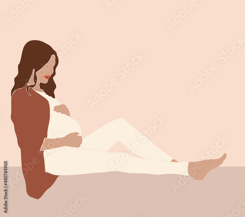 Abstract Graphic Bundle, modern art about pregnancy and motherhood - mother concept. Poster with a beautiful young pregnant woman with long hair.