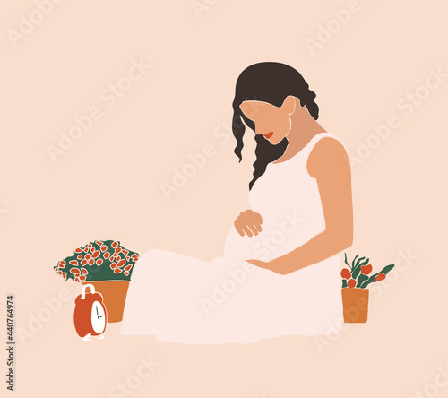 Abstract Graphic Bundle, modern art about pregnancy and motherhood - mother concept. Poster with a beautiful young pregnant woman with long hair.