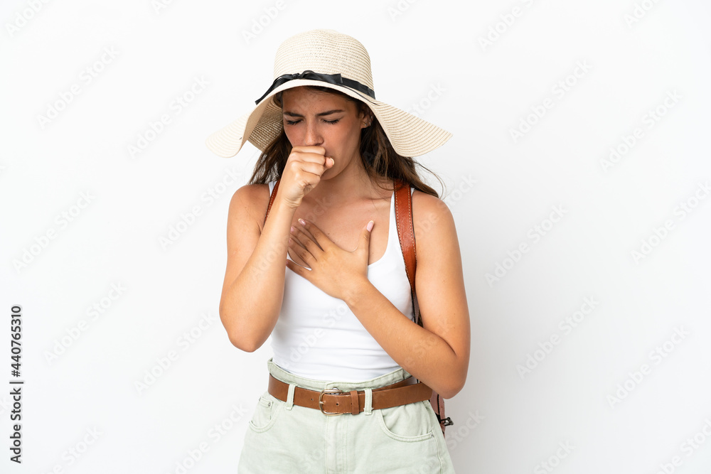 Young caucasian woman wearing a Pamela in summer holidays isolated on white background is suffering with cough and feeling bad Young caucasian woman wearing a Pamela in summer holidays isolated on white background is suffering with cough and feeling bad