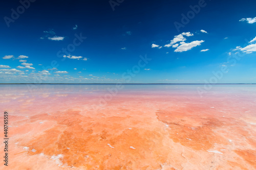 Fototapeta Naklejka Na Ścianę i Meble -  Salt lake with pink salt and the blue sky with clouds. Sasyk-Sivash pink salt lake in Crimea. Summer landscape