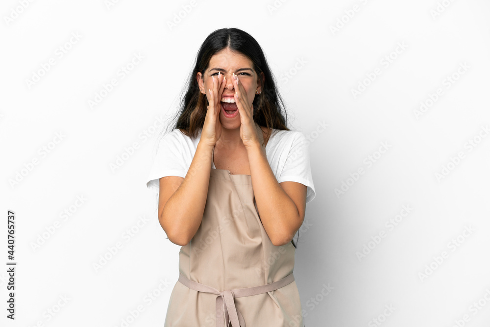 Restaurant waiter over isolated white background shouting and announcing something Restaurant waiter over isolated white background shouting and announcing something