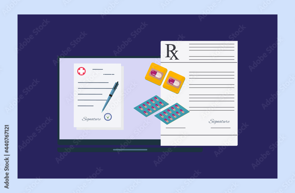 Electronic prescription rx. Online medical document. An electronic form with medicines in an online pharmacy. Information on diagnostics and therapy with prescription drugs. Vector illustration