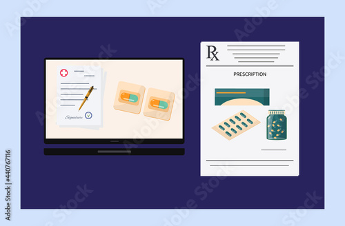 Electronic prescription rx. Online medical document. An electronic form with medicines in an online pharmacy. Information on diagnostics and therapy with prescription drugs. Vector illustration