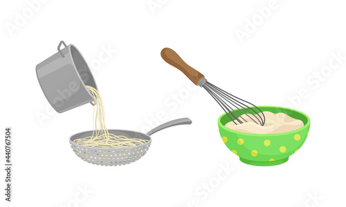 Cooking and Food Preparation Process with Kitchen Utensils and Ingredient Vector Set
