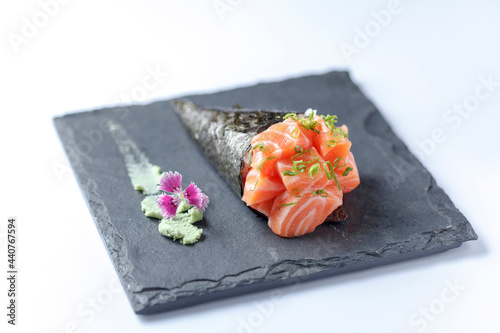 Temaki salmon white background photo