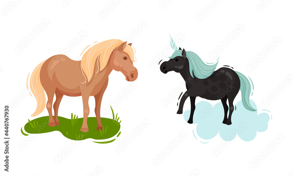 Iceland Symbols with Horse Grazing and Unicorn Vector Set
