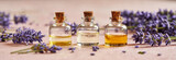Panoramic header of bottles of essential oil with fresh lavender flowers