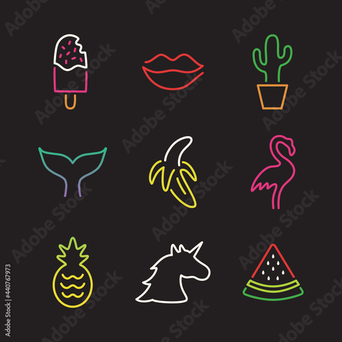 Neon like objects vector illustration icon set
