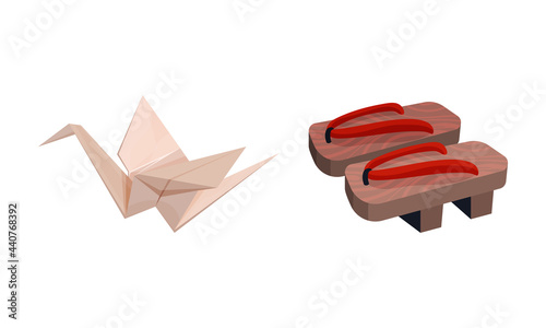 Japan Symbols with Origami Made of Paper and Wooden Shoe Vector Set