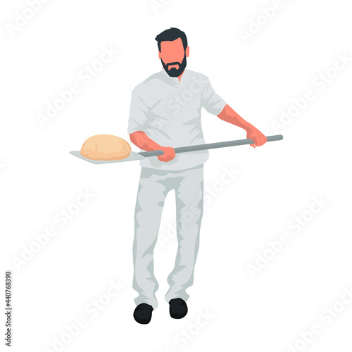 A Man holding bread on the bakery shovel. Maker making bread. Vector illustration