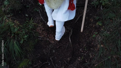 European Shugendo monk in traditional outfit hiking in the Austrian mountains, Austrian, Ötscher