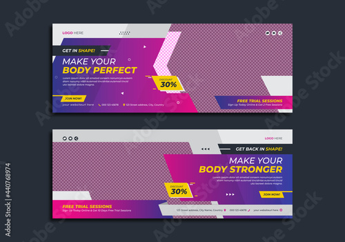 Fitness gym social media banner template. Sport, exercise, workout, health and yoga center business promotion cover design with abstract background. Marketing graphic web post with logo and icon.